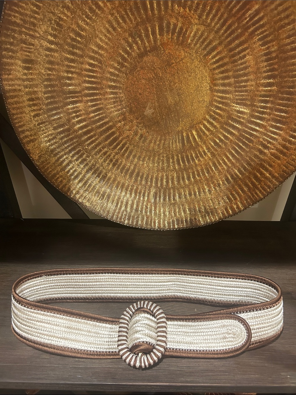 J.Mclaughlin Women’s small Woven Cream and Brown Belt with Oval Buckle NWOT